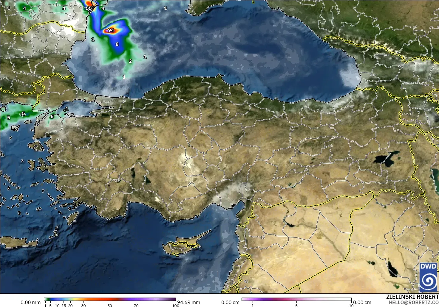 ICON modelo - Turquía, Precipitación, nubes y presión