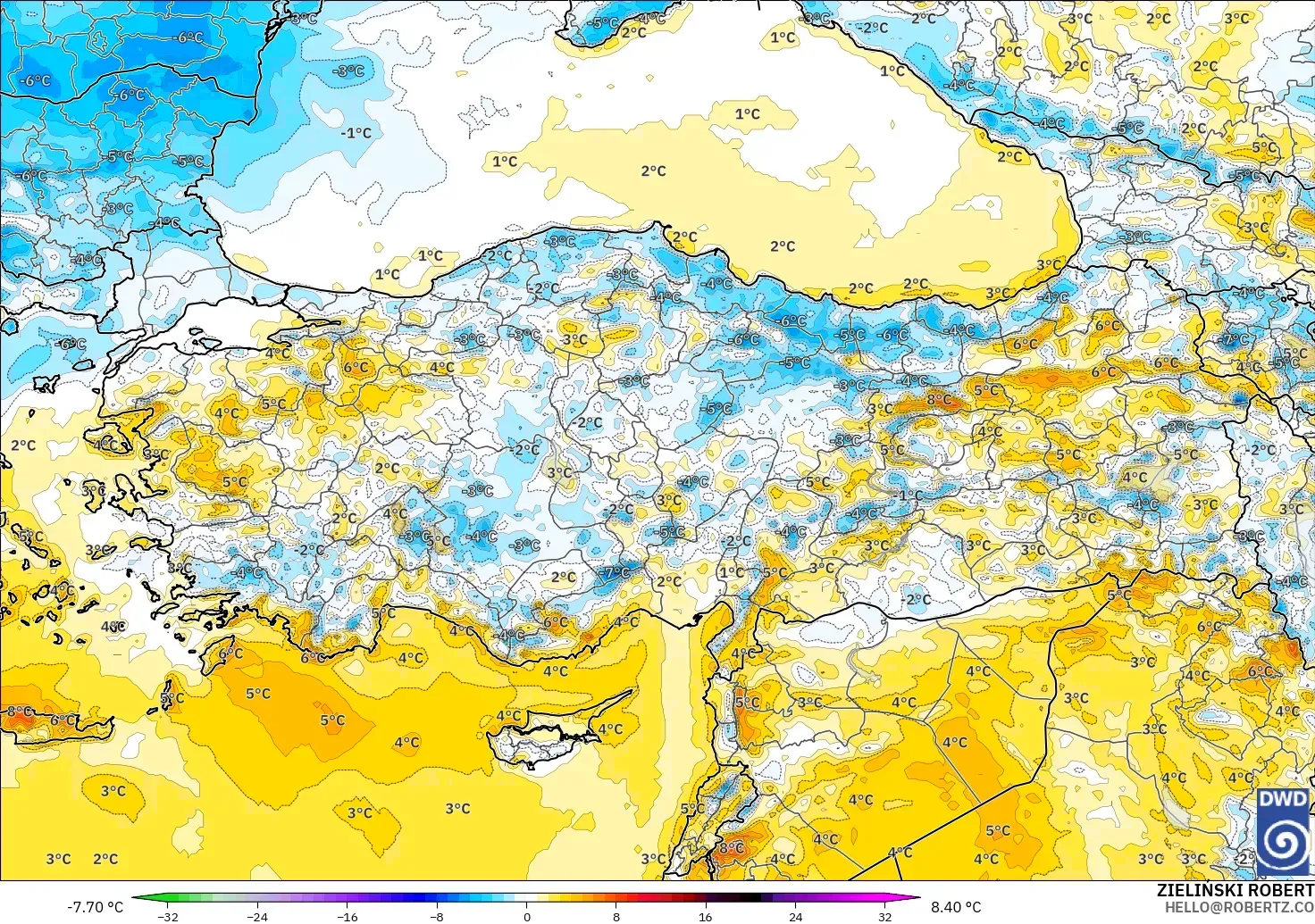 ICON modelo - Turquía, Anomalía de temperatura a 2 m