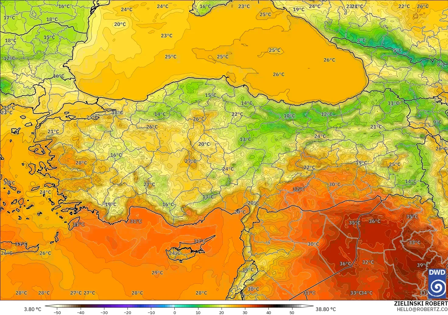 ICON modelo - Turquía, Temperatura a 2 m