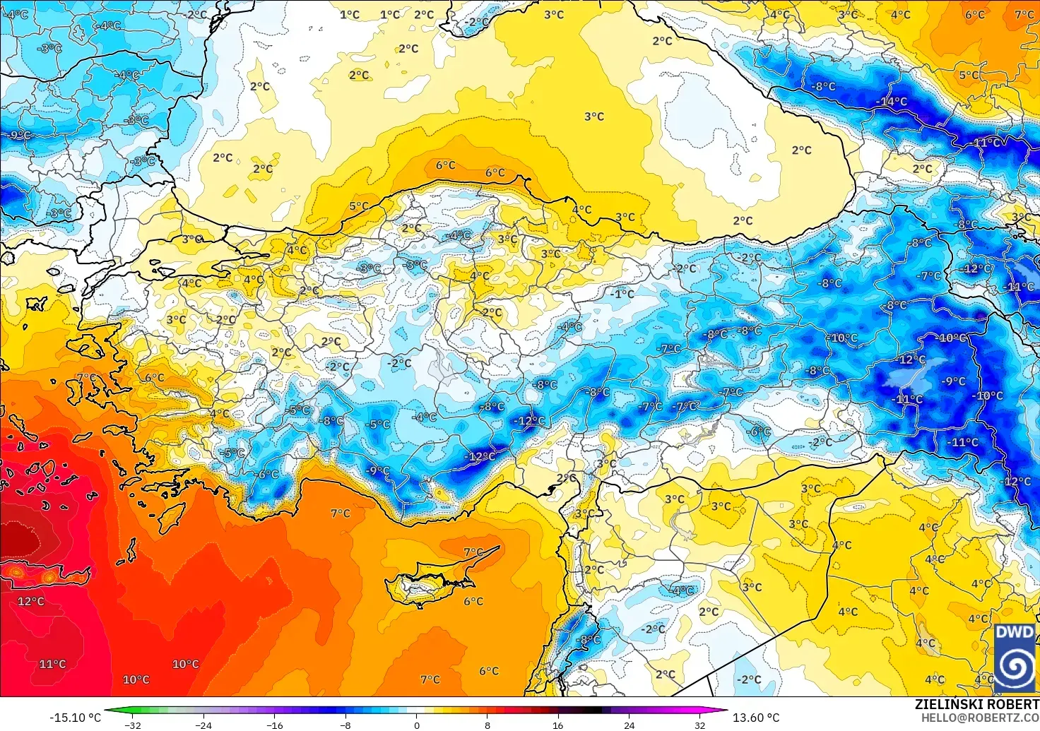 ICON modelo - Turquía, Anomalía de temperatura a 850 hPa
