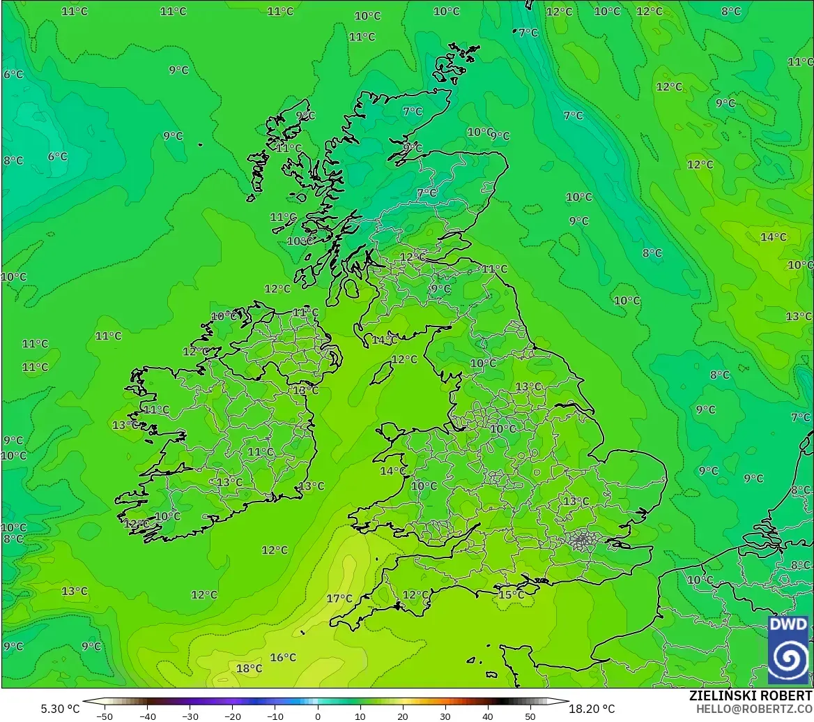 ICON modelo - Reino Unido, Temperatura a 850 hPa