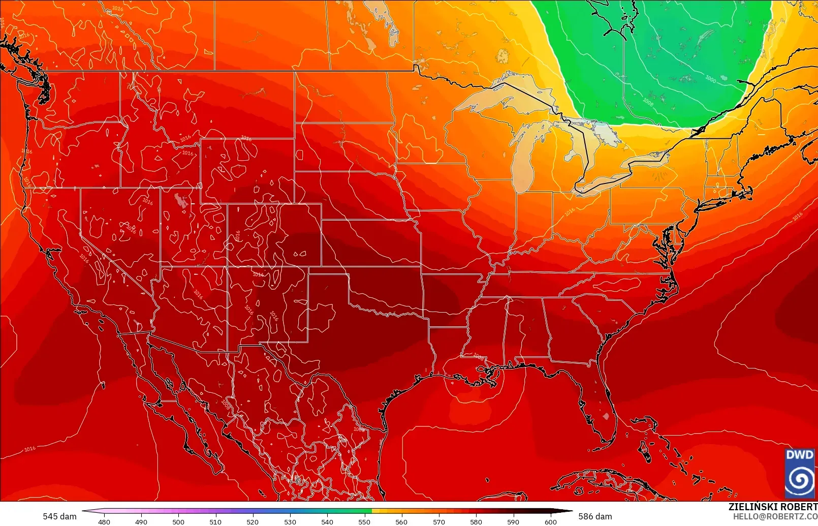 ICON modelo - Estados Unidos, Altura geopotencial a 500 hPa