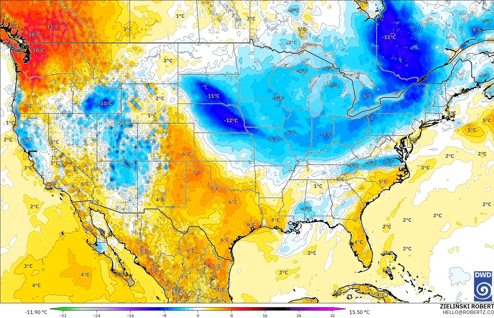 ICON modelo - Estados Unidos, Anomalía de temperatura a 2 m