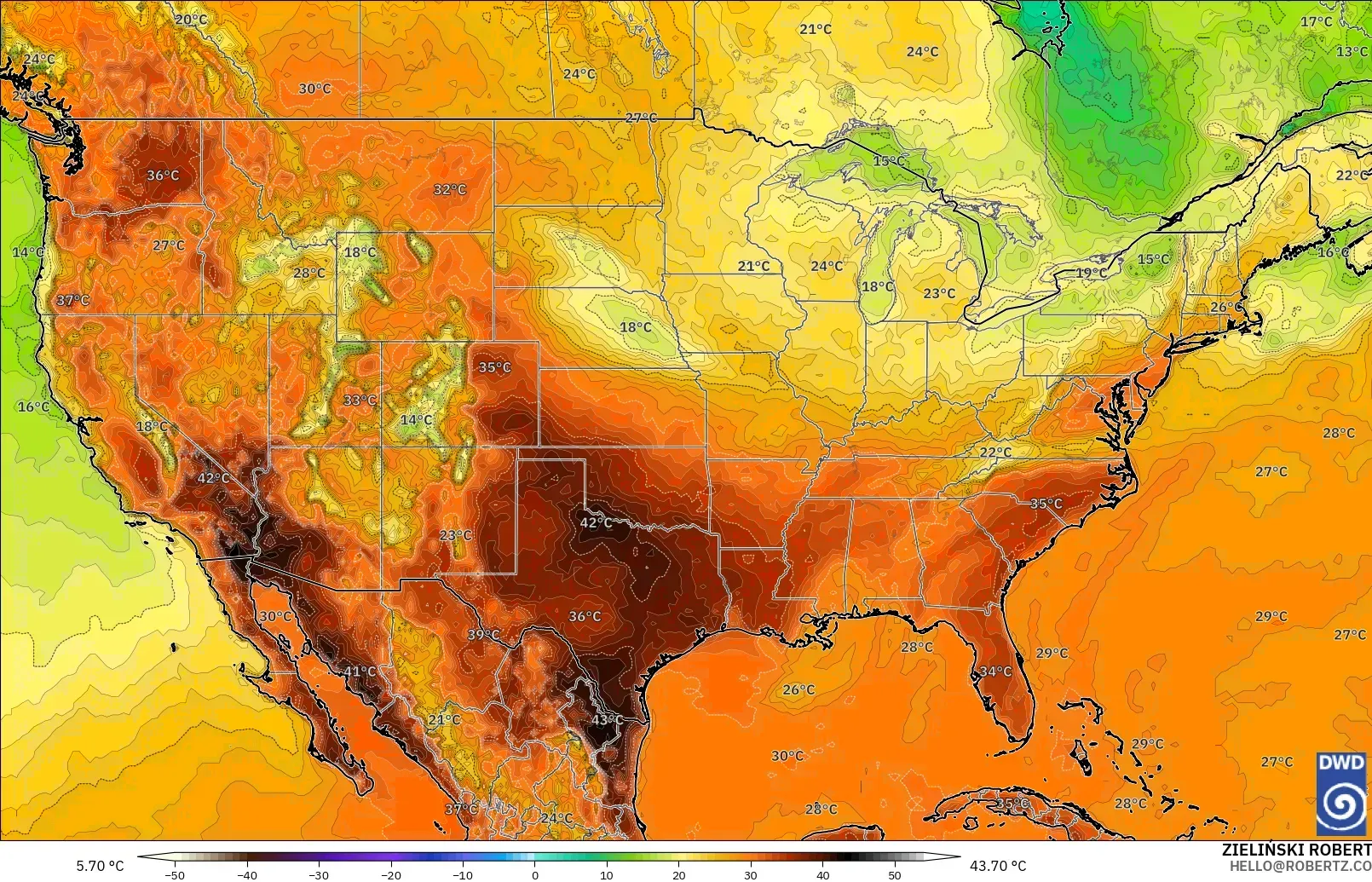 ICON modelo - Estados Unidos, Temperatura a 2 m