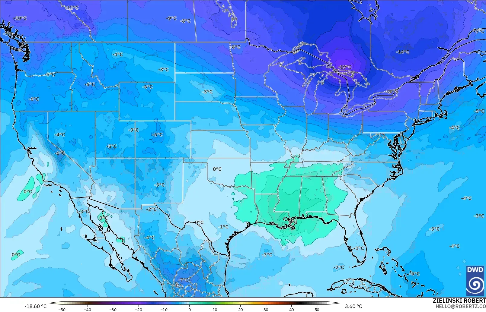 ICON modelo - Estados Unidos, Temperatura a 500 hPa