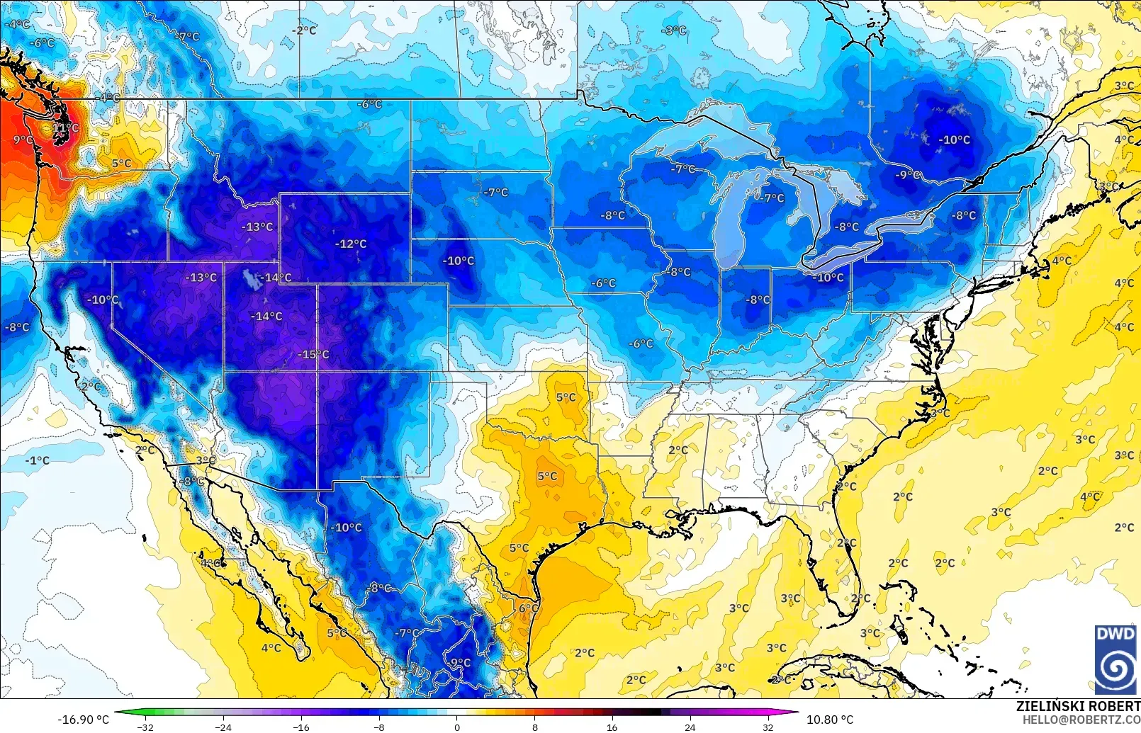 ICON modelo - Estados Unidos, Anomalía de temperatura a 850 hPa