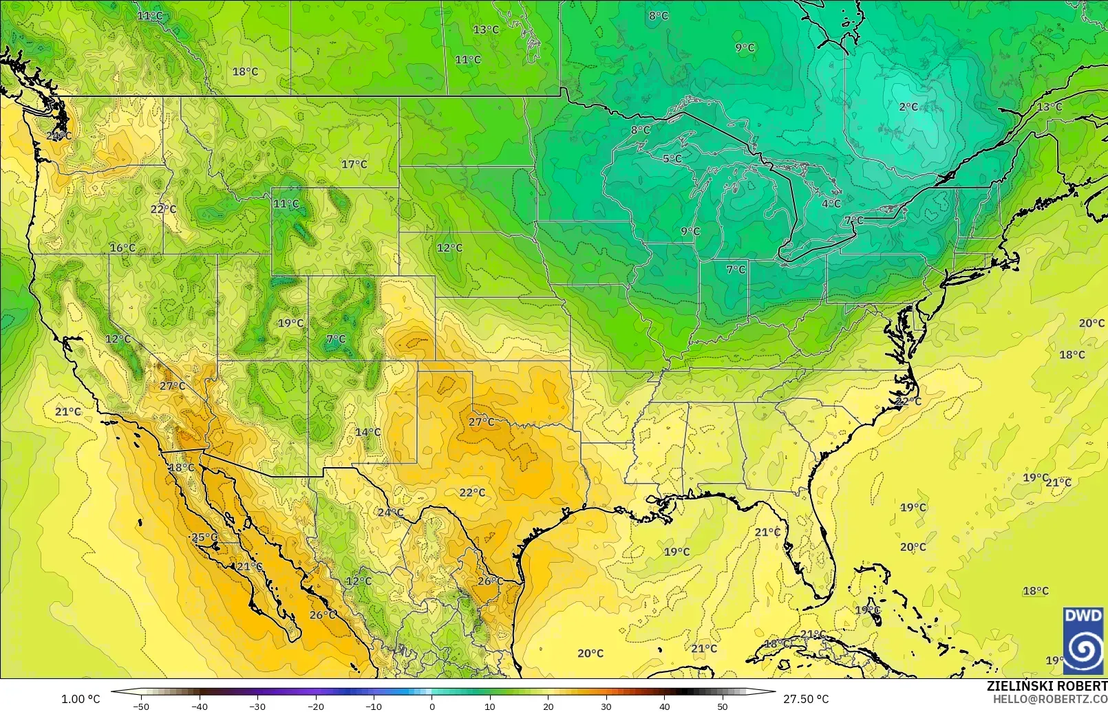 ICON modelo - Estados Unidos, Temperatura a 850 hPa