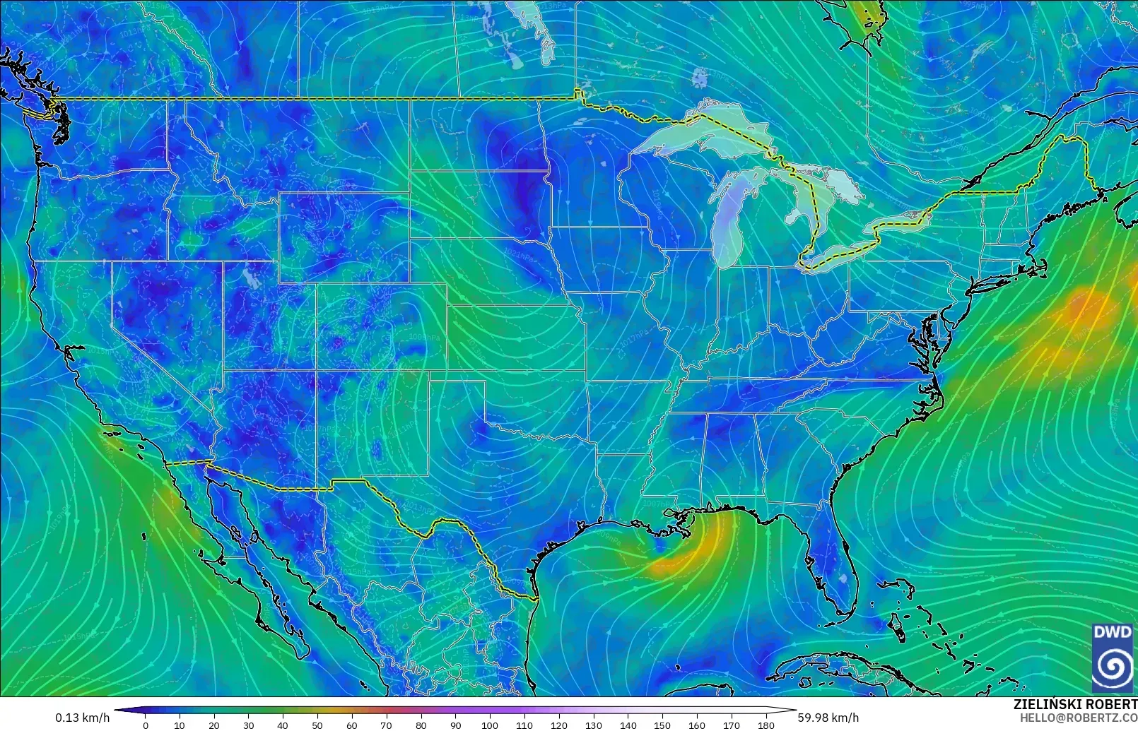 ICON modelo - Estados Unidos, Viento a 10 m