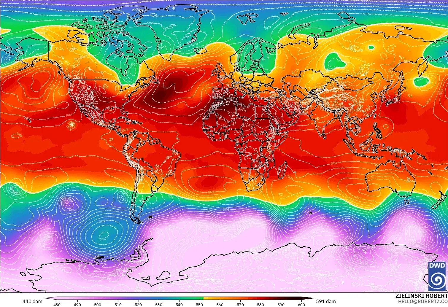 ICON modelo - Mundo, Altura geopotencial a 500 hPa