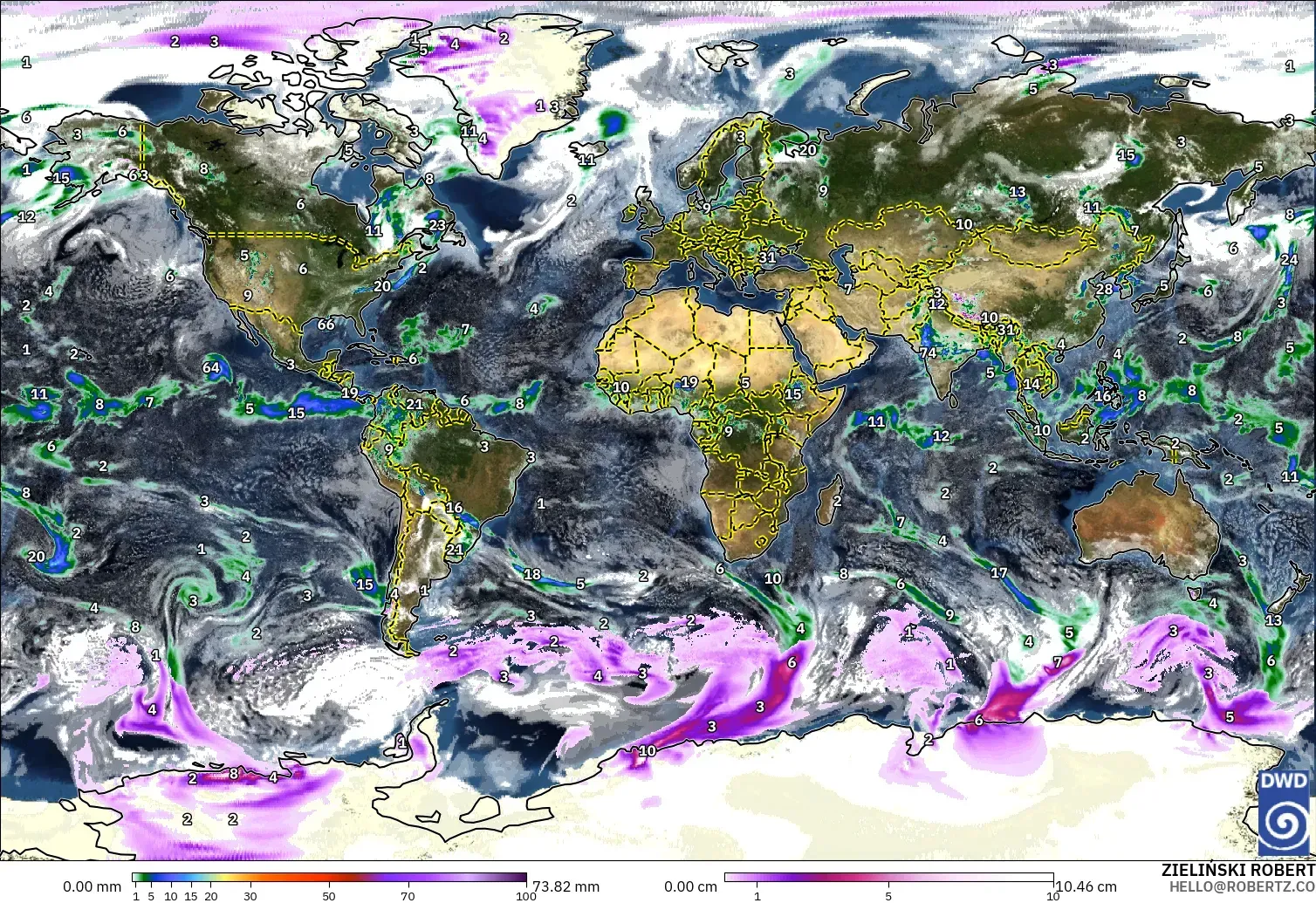 ICON modelo - Mundo, Precipitación, nubes y presión