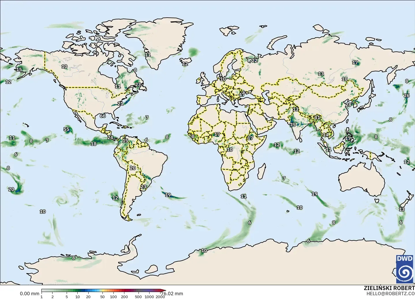 ICON modelo - Mundo, Acumulación de precipitación