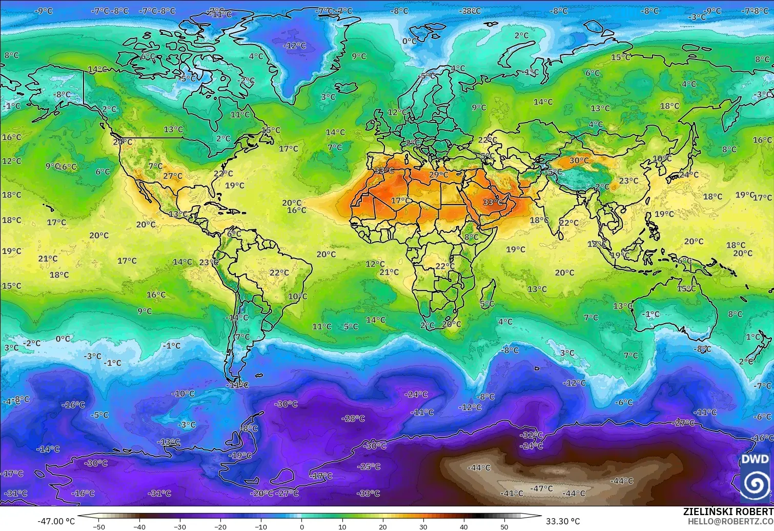 ICON modelo - Mundo, Temperatura a 850 hPa