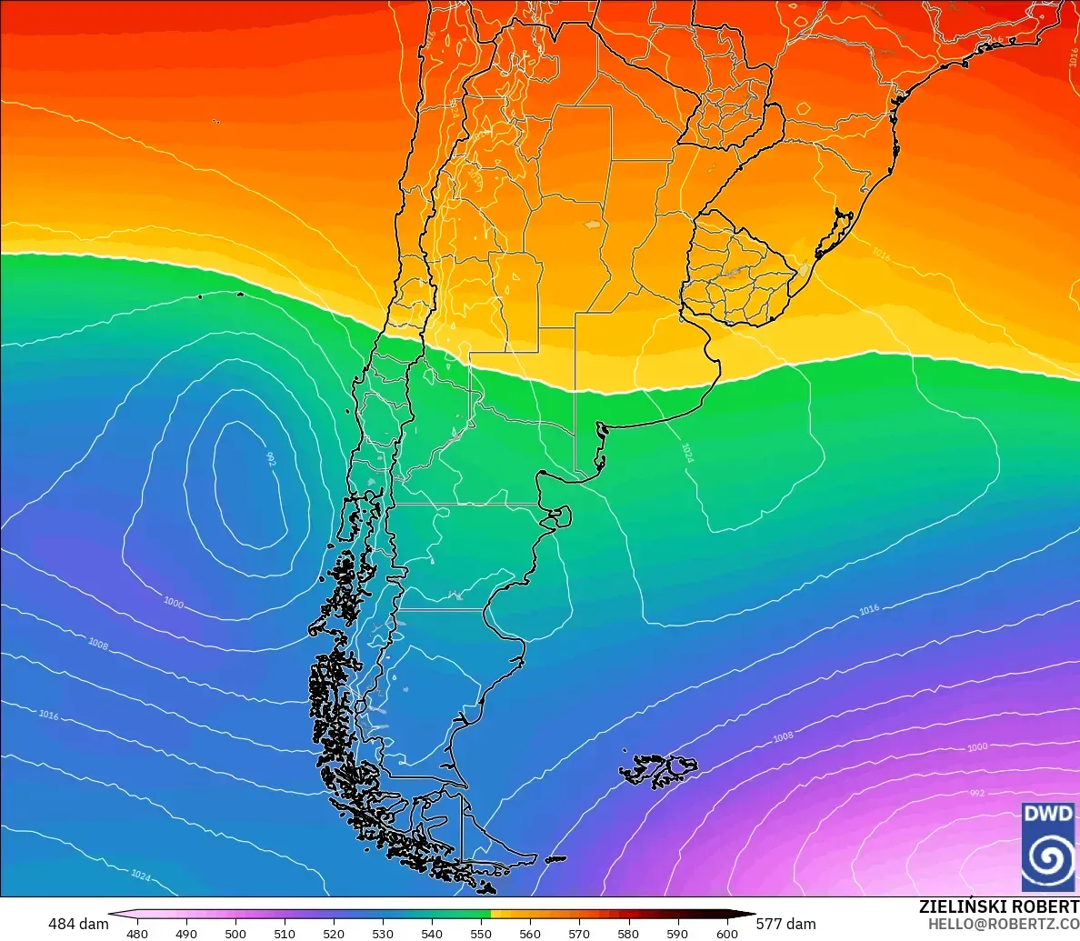 ICON modelo - Argentina, Altura geopotencial a 500 hPa