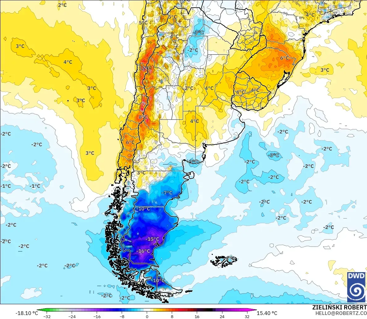 ICON modelo - Argentina, Anomalía de temperatura a 2 m