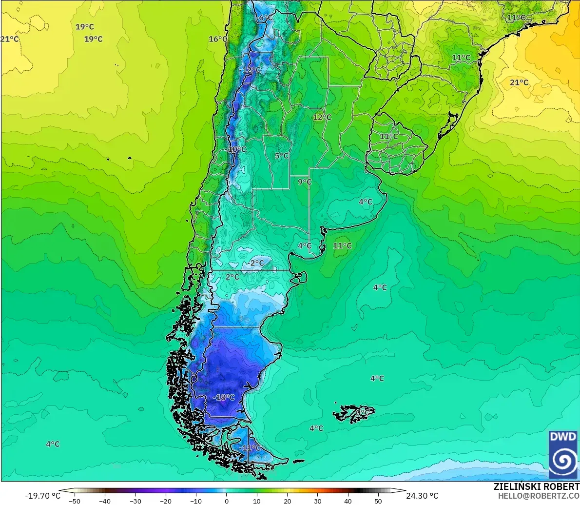 ICON modelo - Argentina, Temperatura a 2 m
