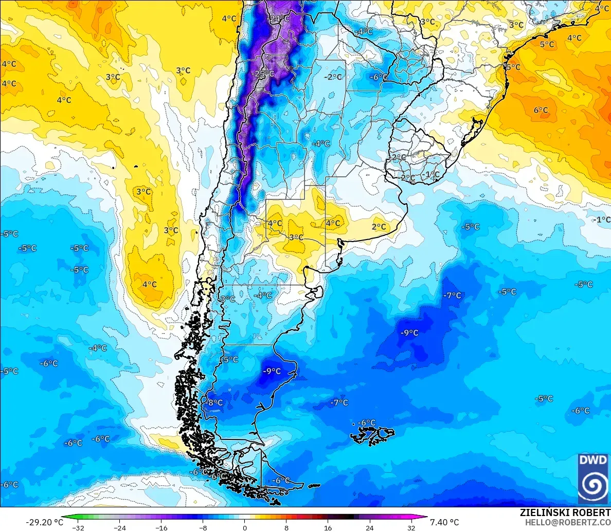 ICON modelo - Argentina, Anomalía de temperatura a 850 hPa