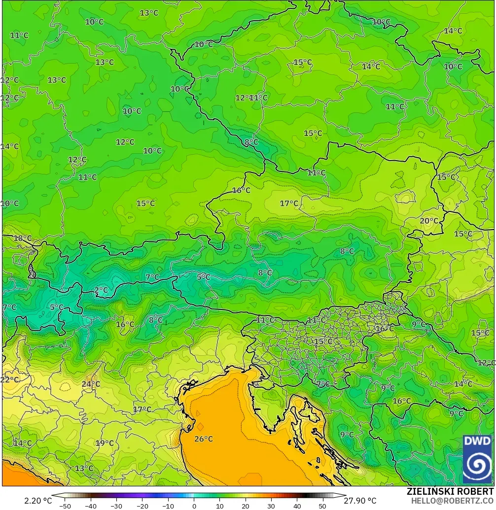ICON modelo - Austria, Temperatura a 2 m