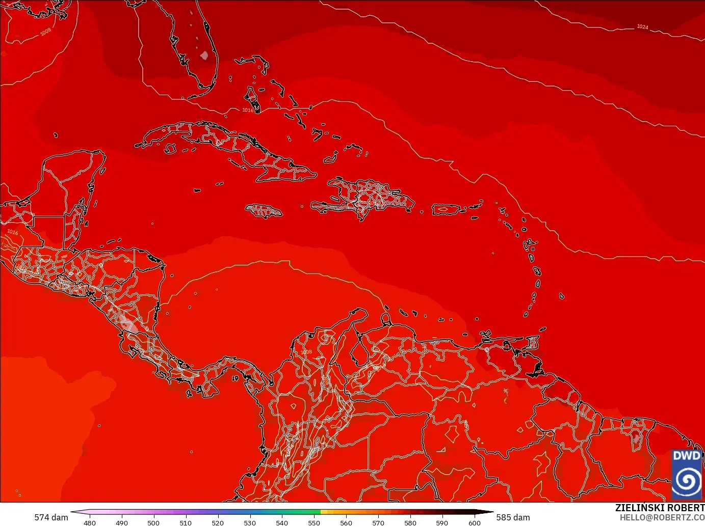 ICON modelo - Caribe, Altura geopotencial a 500 hPa