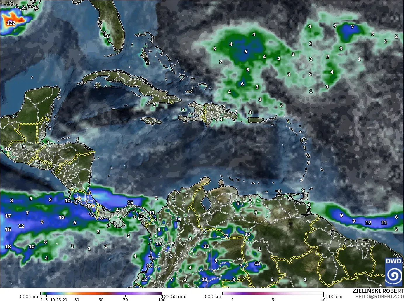 ICON modelo - Caribe, Precipitación, nubes y presión