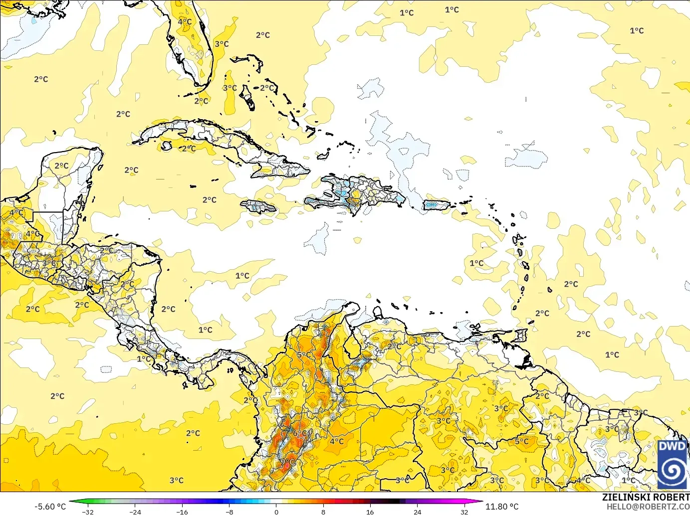 ICON modelo - Caribe, Anomalía de temperatura a 2 m