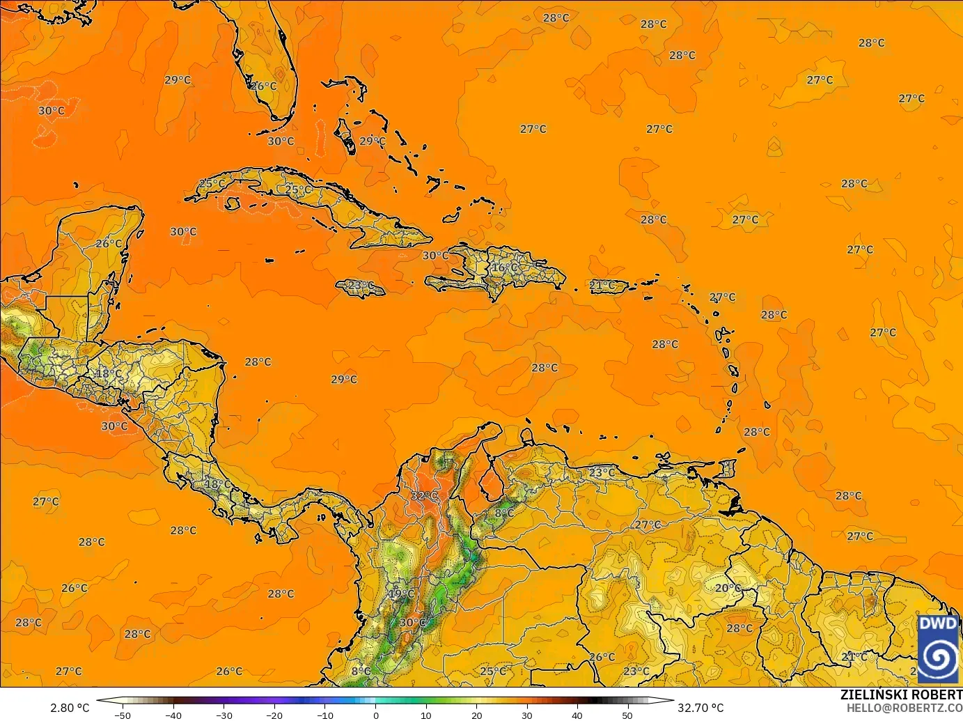 ICON modelo - Caribe, Temperatura a 2 m