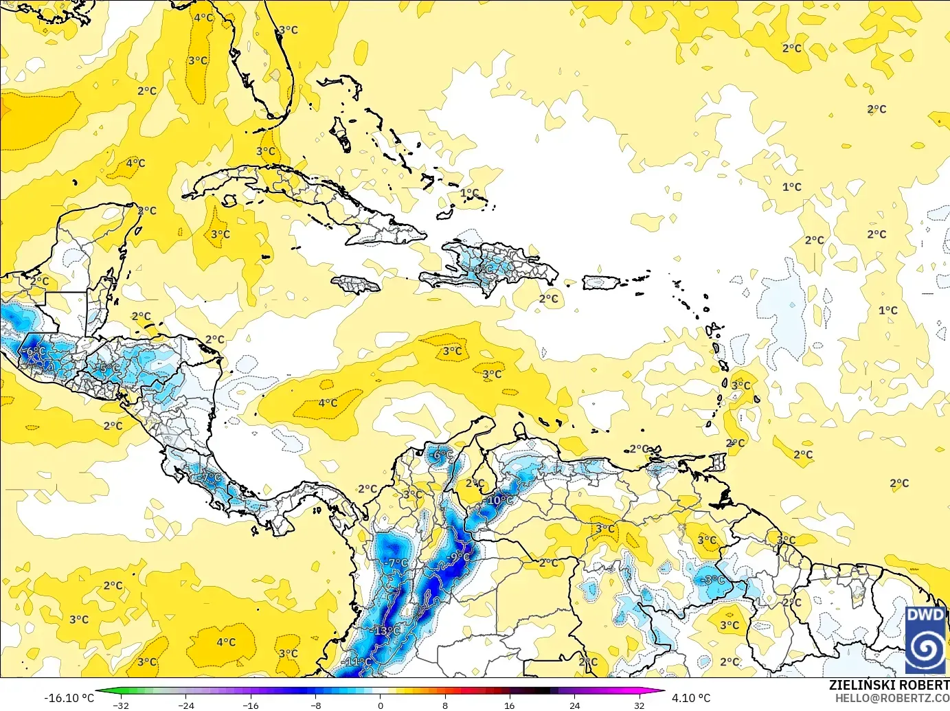 ICON modelo - Caribe, Anomalía de temperatura a 850 hPa