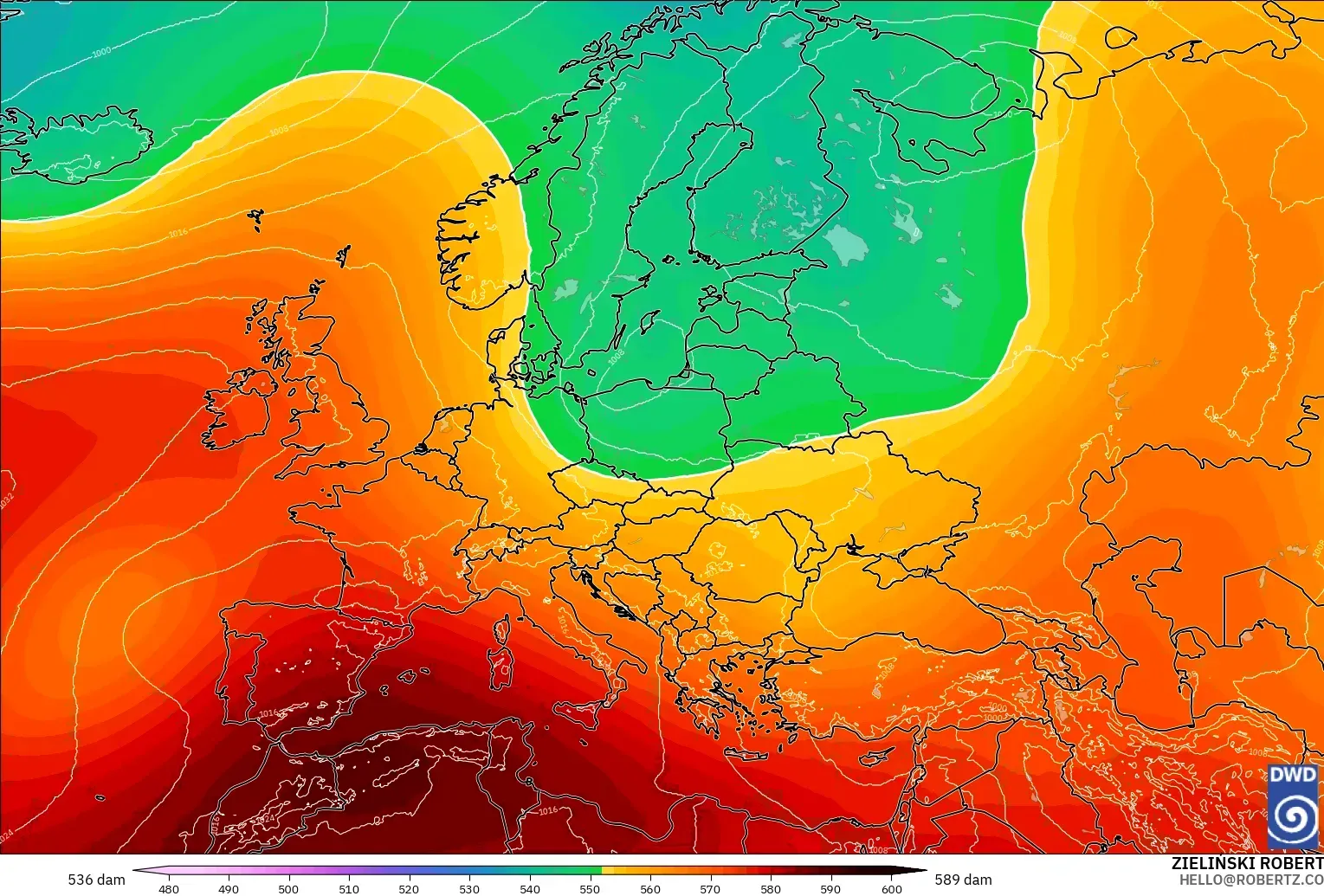 ICON modelo - Europa, Altura geopotencial a 500 hPa