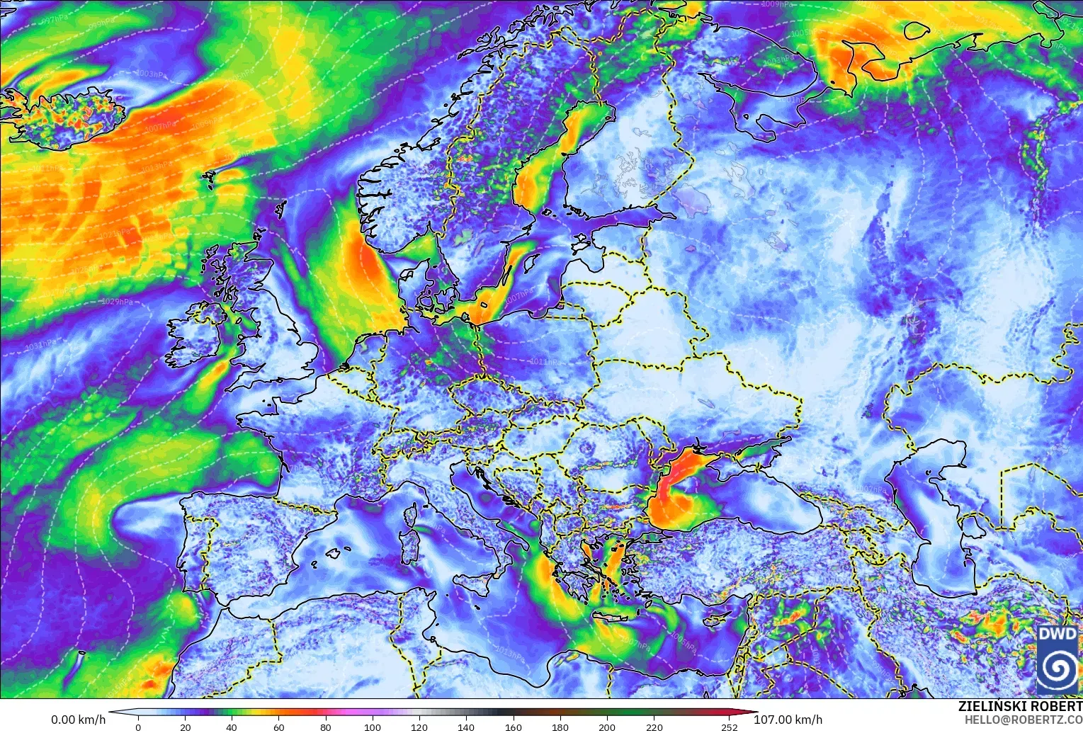 ICON modelo - Europa, Ráfagas de viento