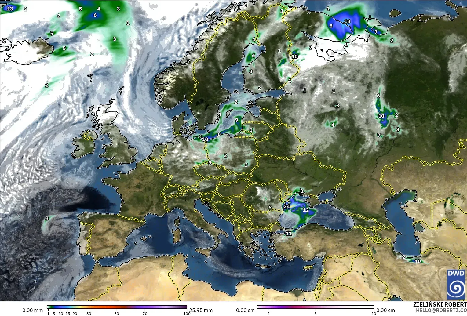 ICON modelo - Europa, Precipitación, nubes y presión
