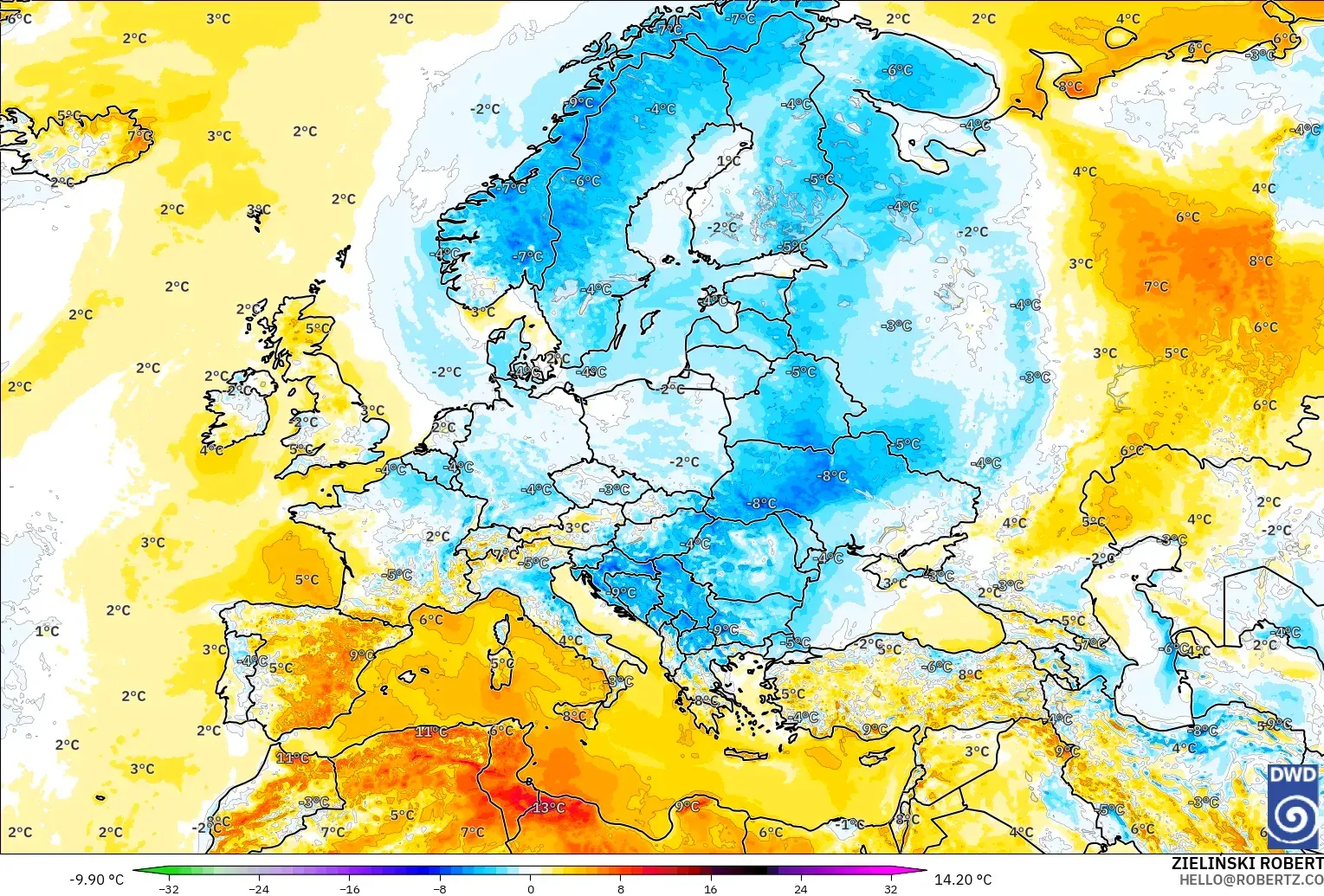 ICON modelo - Europa, Anomalía de temperatura a 2 m