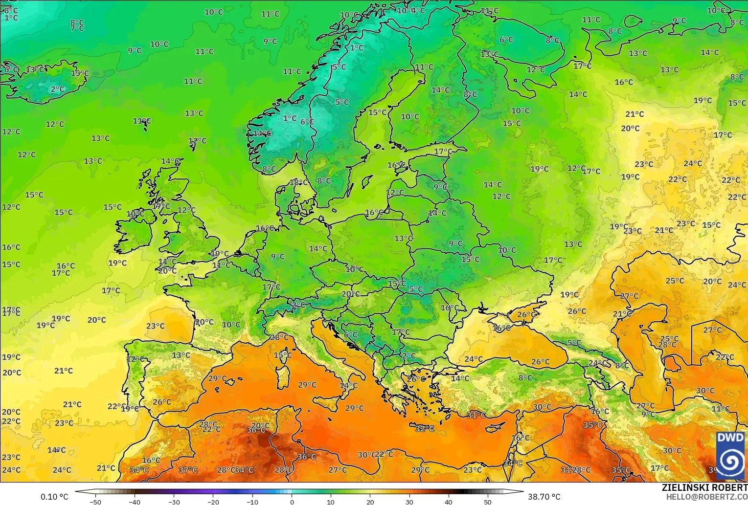 ICON modelo - Europa, Temperatura a 2 m