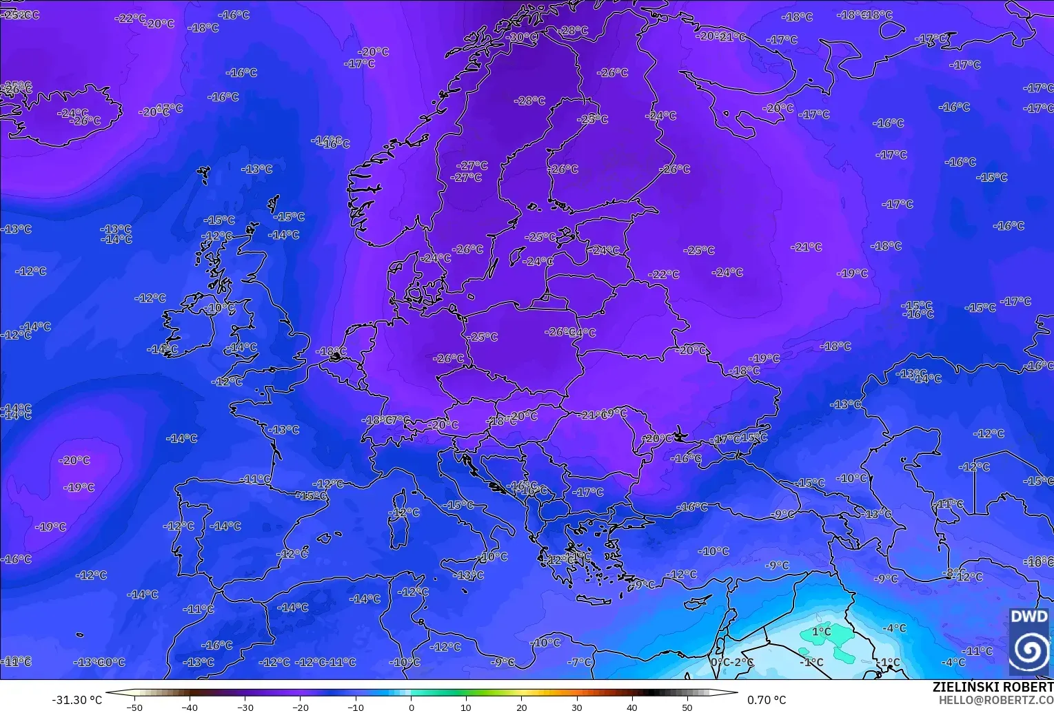ICON modelo - Europa, Temperatura a 500 hPa