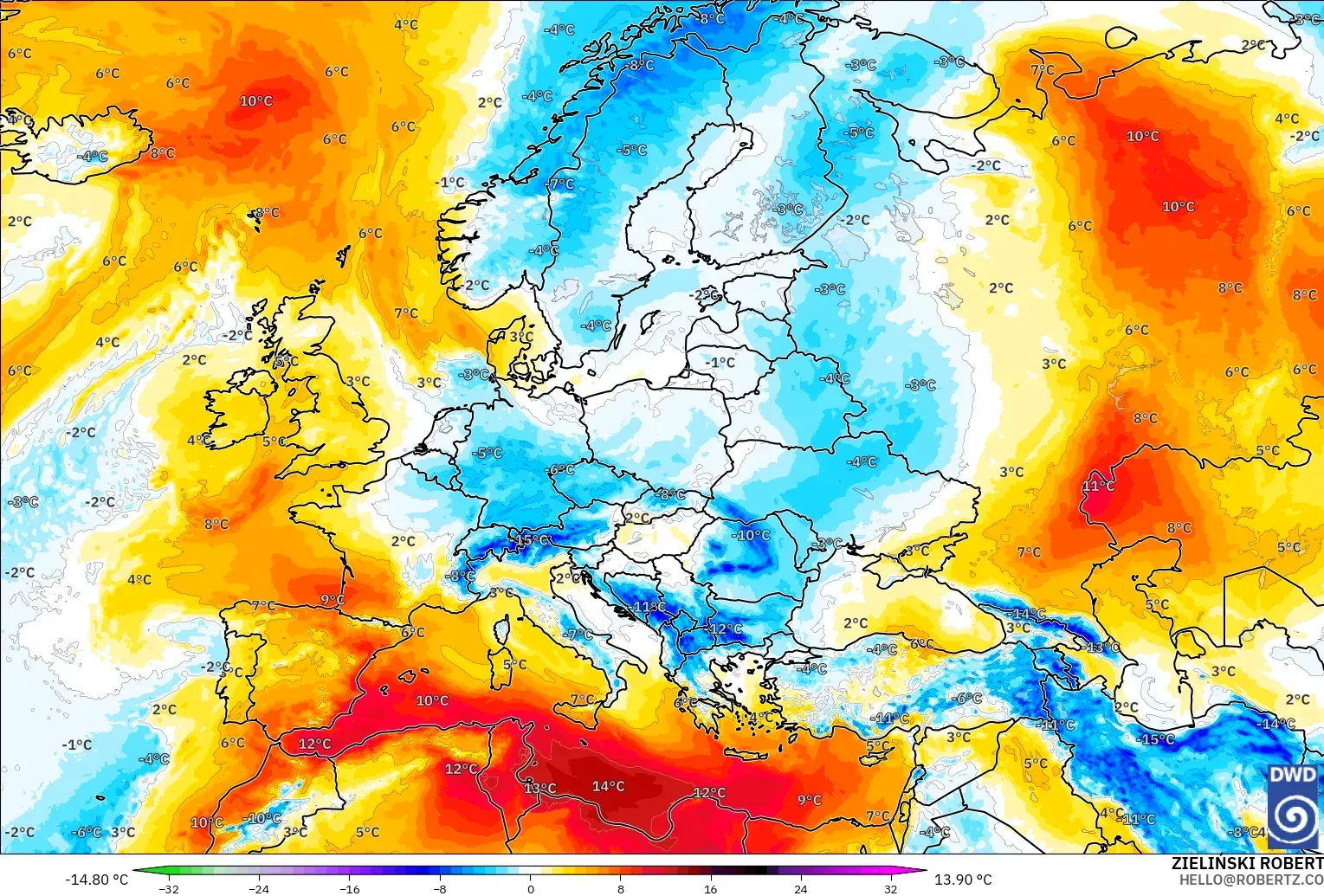 ICON modelo - Europa, Anomalía de temperatura a 850 hPa
