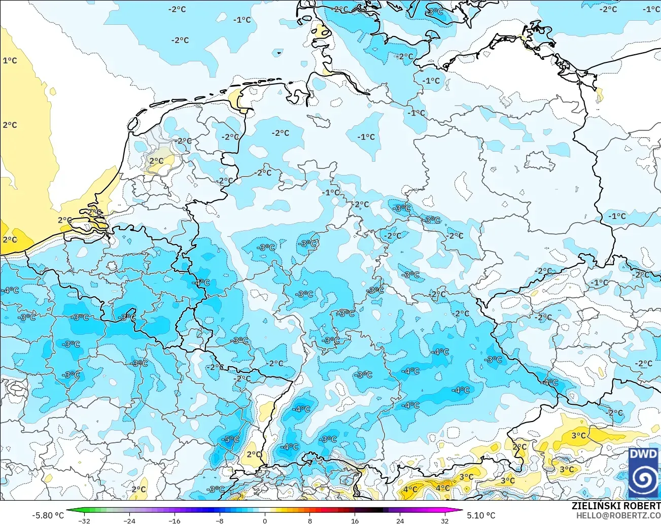 ICON modelo - Alemania, Anomalía de temperatura a 2 m