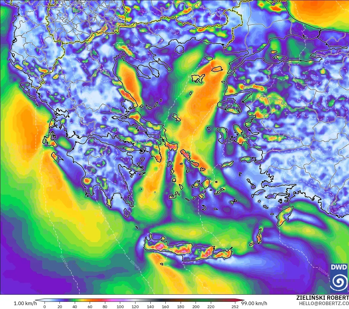 ICON modelo - Grecia, Ráfagas de viento