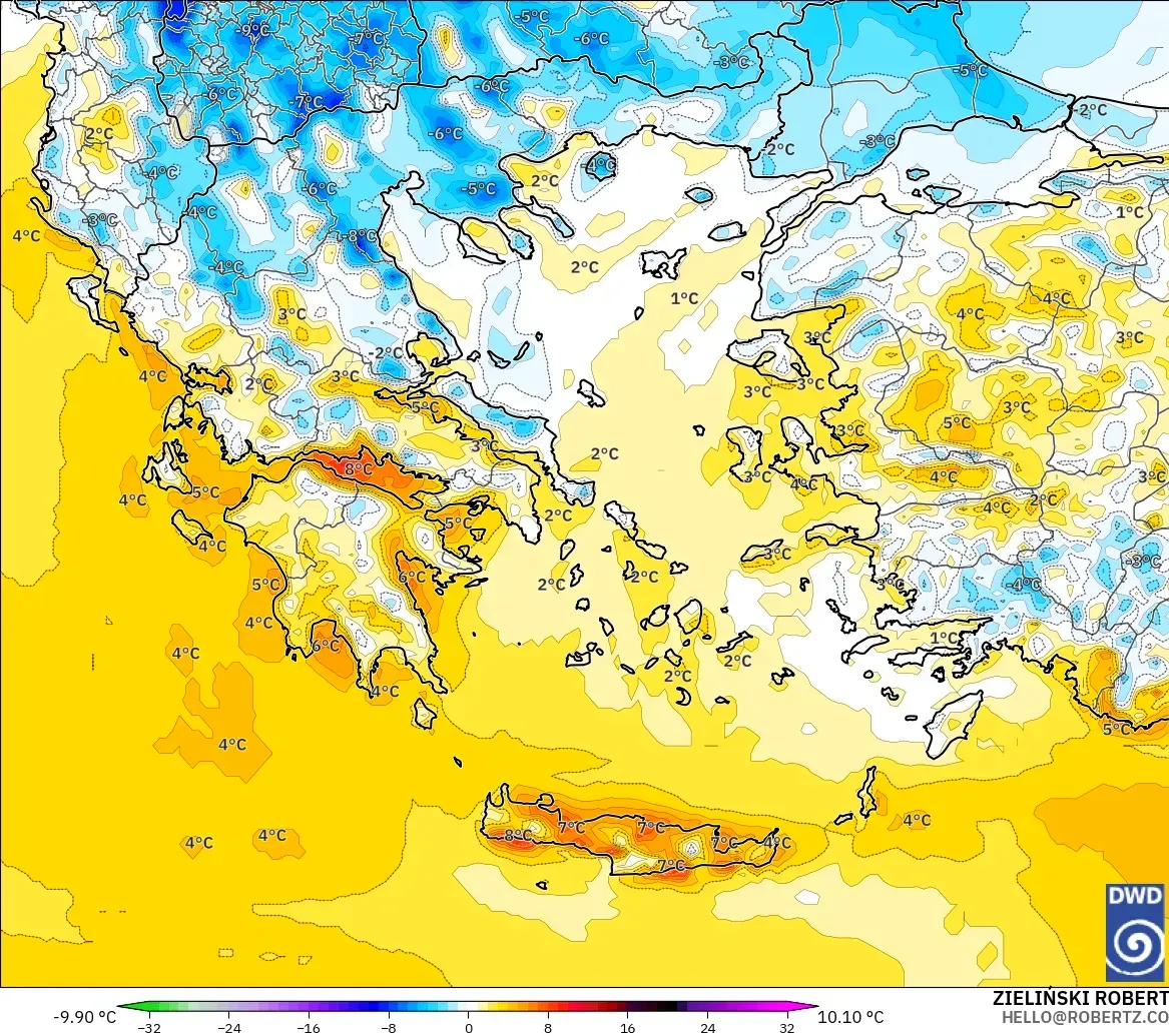 ICON modelo - Grecia, Anomalía de temperatura a 2 m