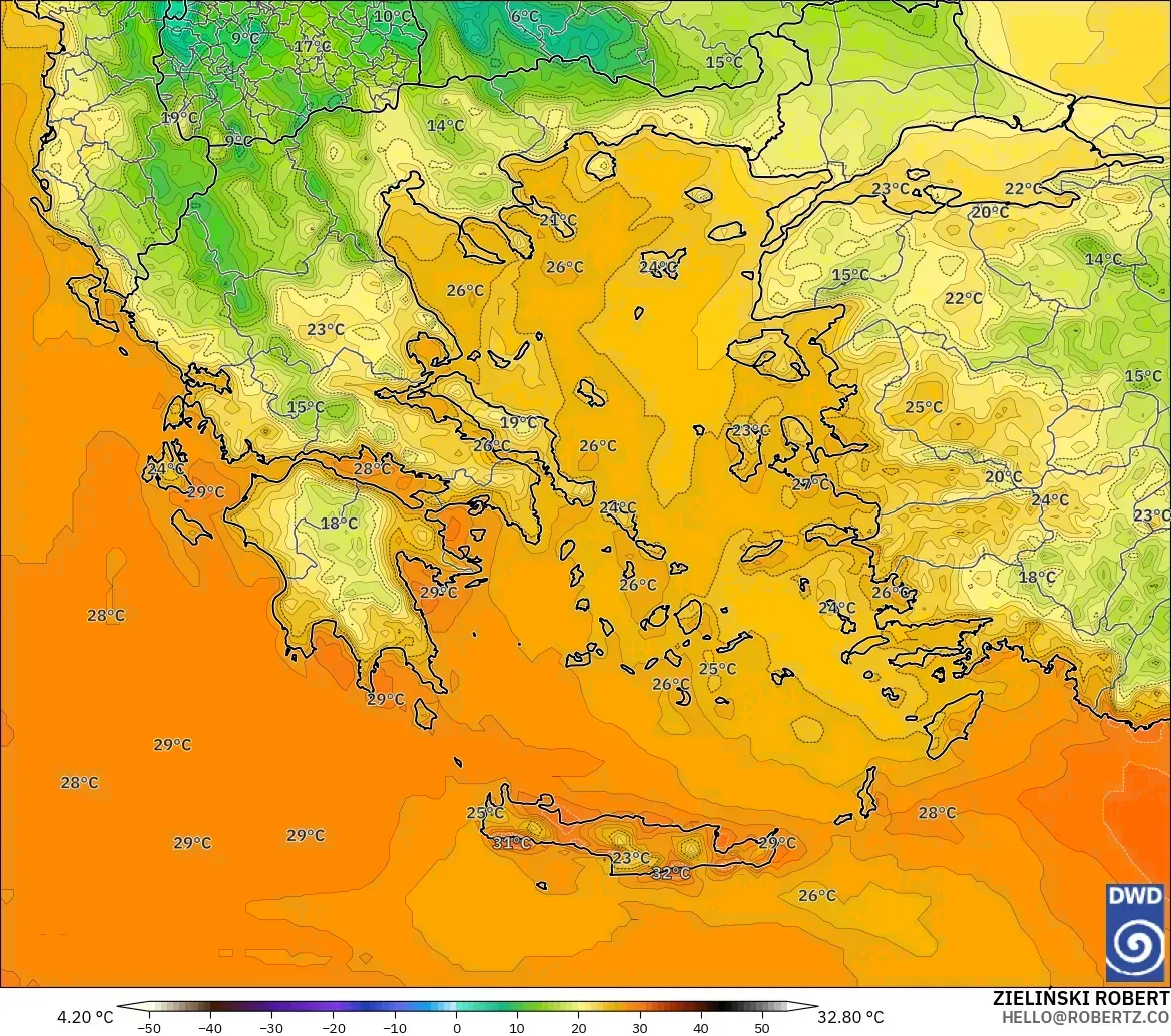 ICON modelo - Grecia, Temperatura a 2 m