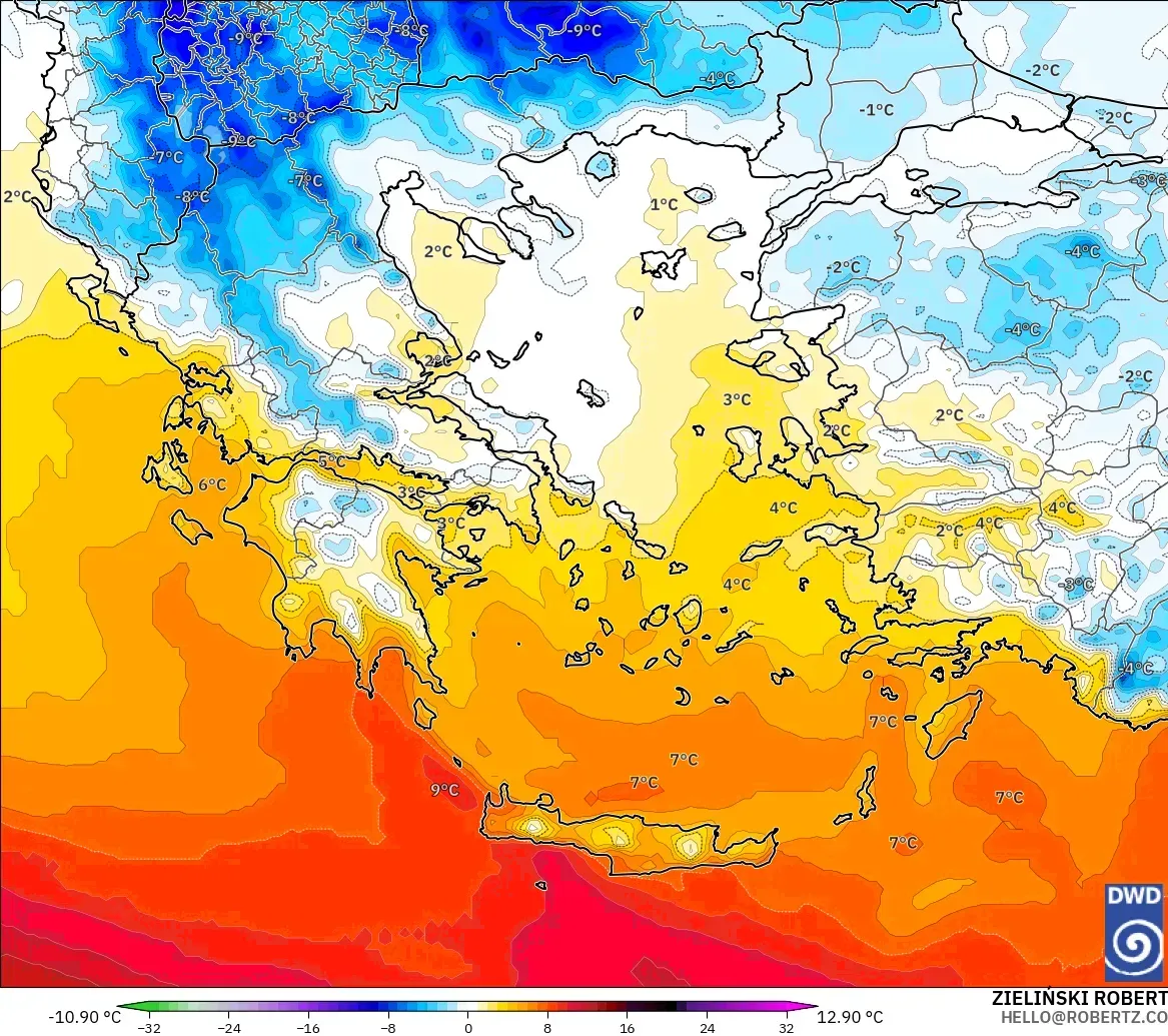 ICON modelo - Grecia, Anomalía de temperatura a 850 hPa
