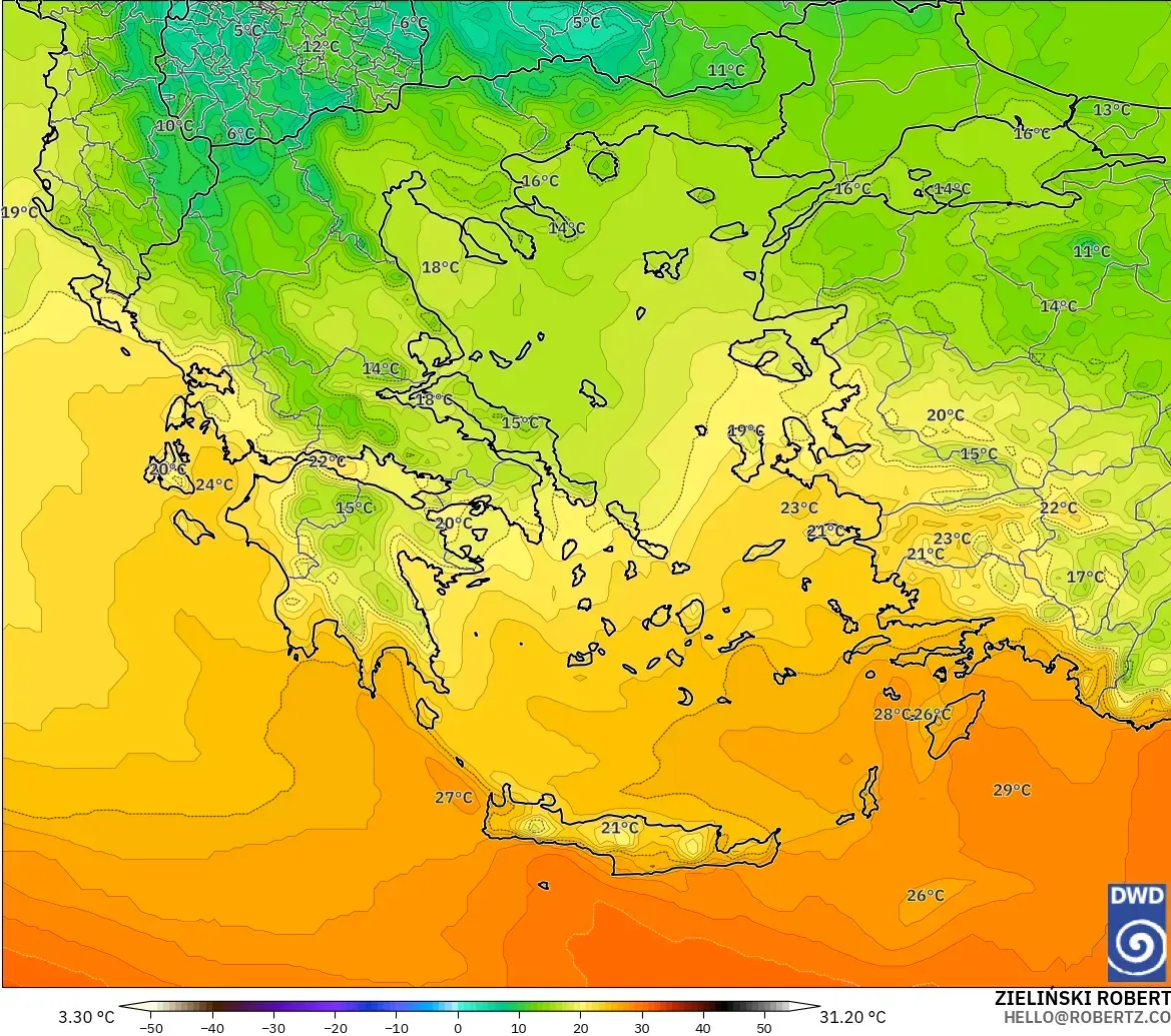 ICON modelo - Grecia, Temperatura a 850 hPa