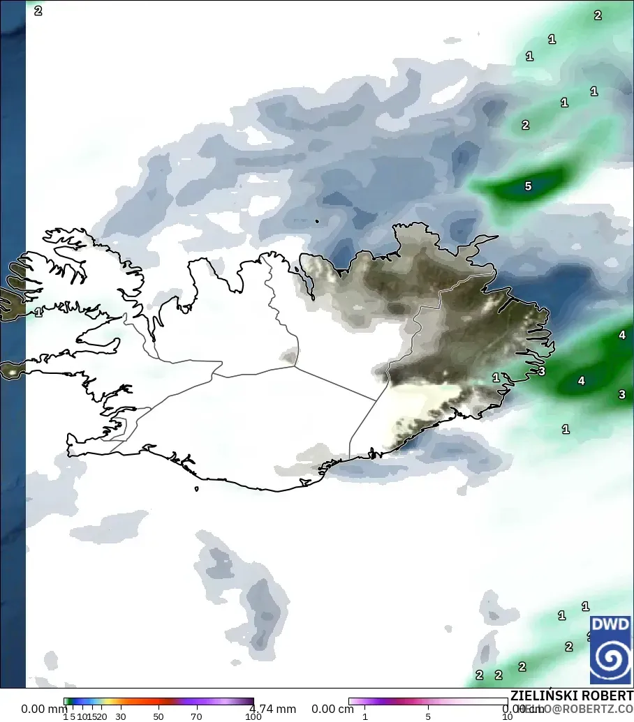 ICON modelo - Islandia, Precipitación, nubes y presión