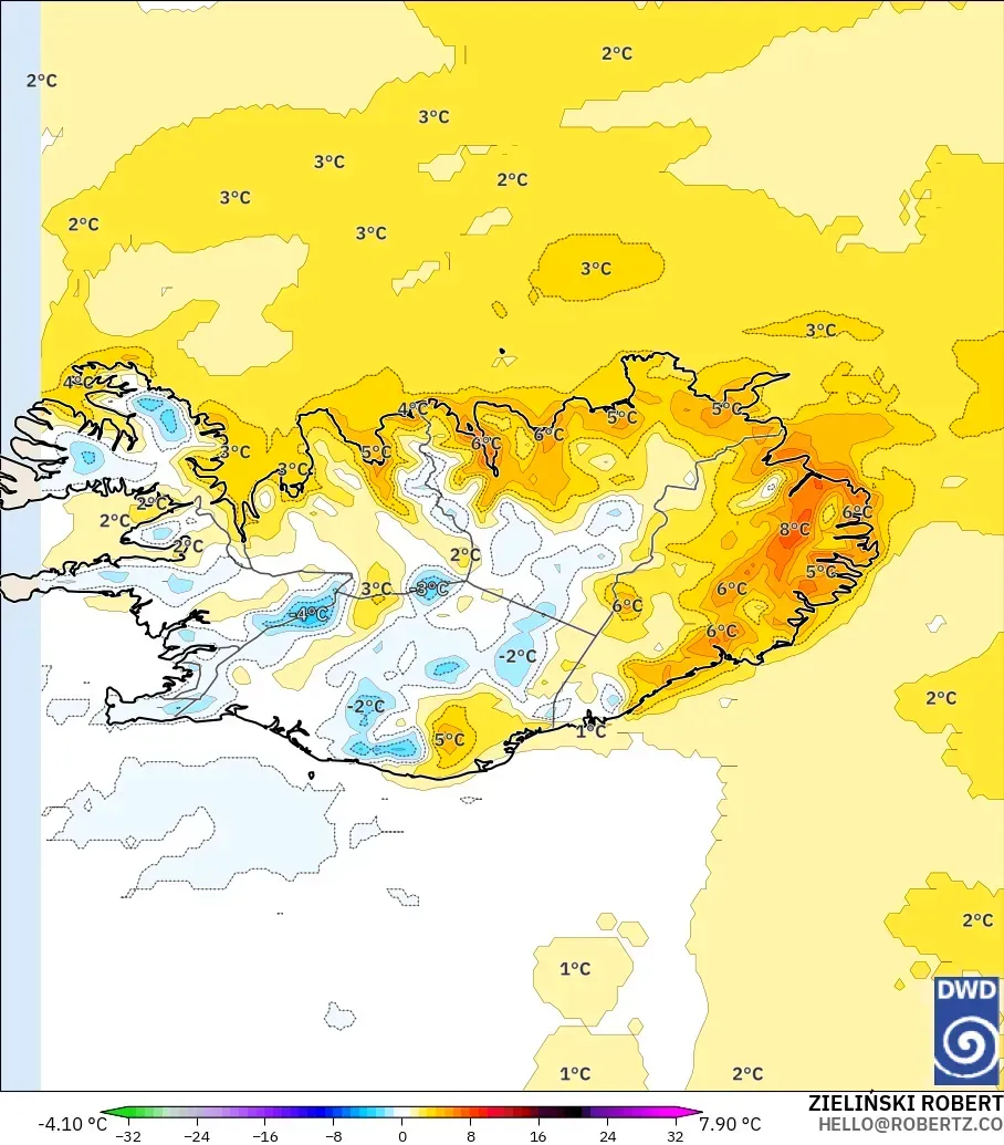 ICON modelo - Islandia, Anomalía de temperatura a 2 m