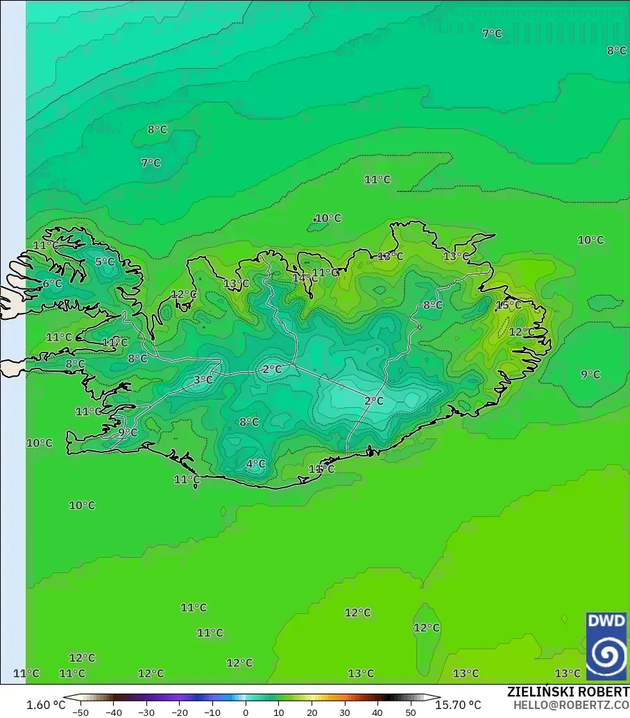 ICON modelo - Islandia, Temperatura a 2 m
