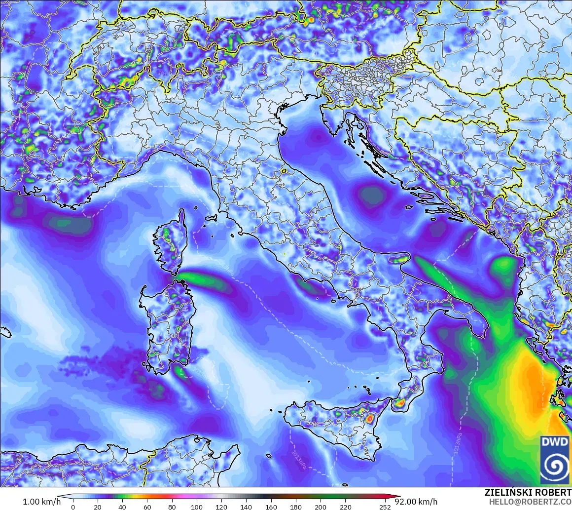 ICON modelo - Italia, Ráfagas de viento