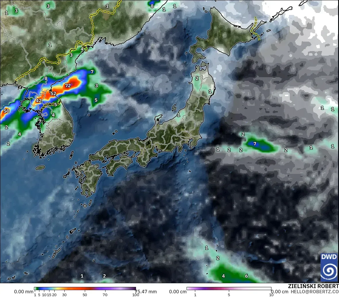 ICON modelo - Japón, Precipitación, nubes y presión