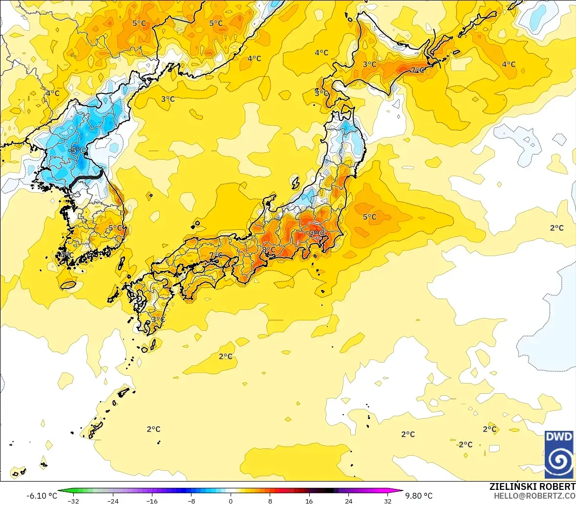 ICON modelo - Japón, Anomalía de temperatura a 2 m