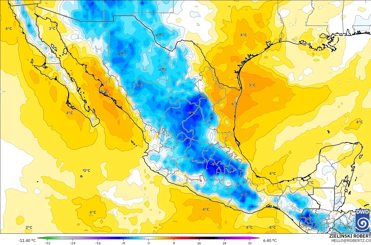 ICON modelo - México, Anomalía de temperatura a 850 hPa
