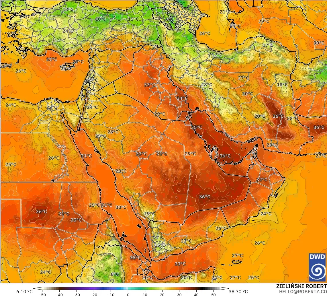 ICON modelo - Oriente Medio, Temperatura a 2 m