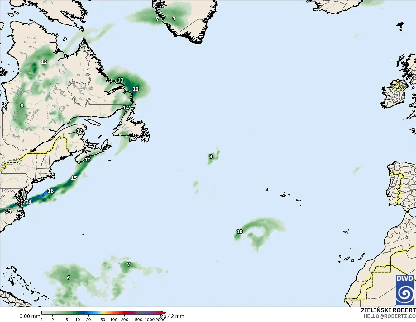 ICON modelo - Norte Atlántico, Acumulación de precipitación