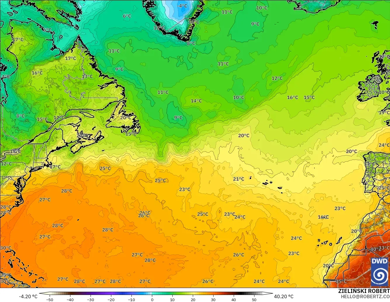 ICON modelo - Norte Atlántico, Temperatura a 2 m