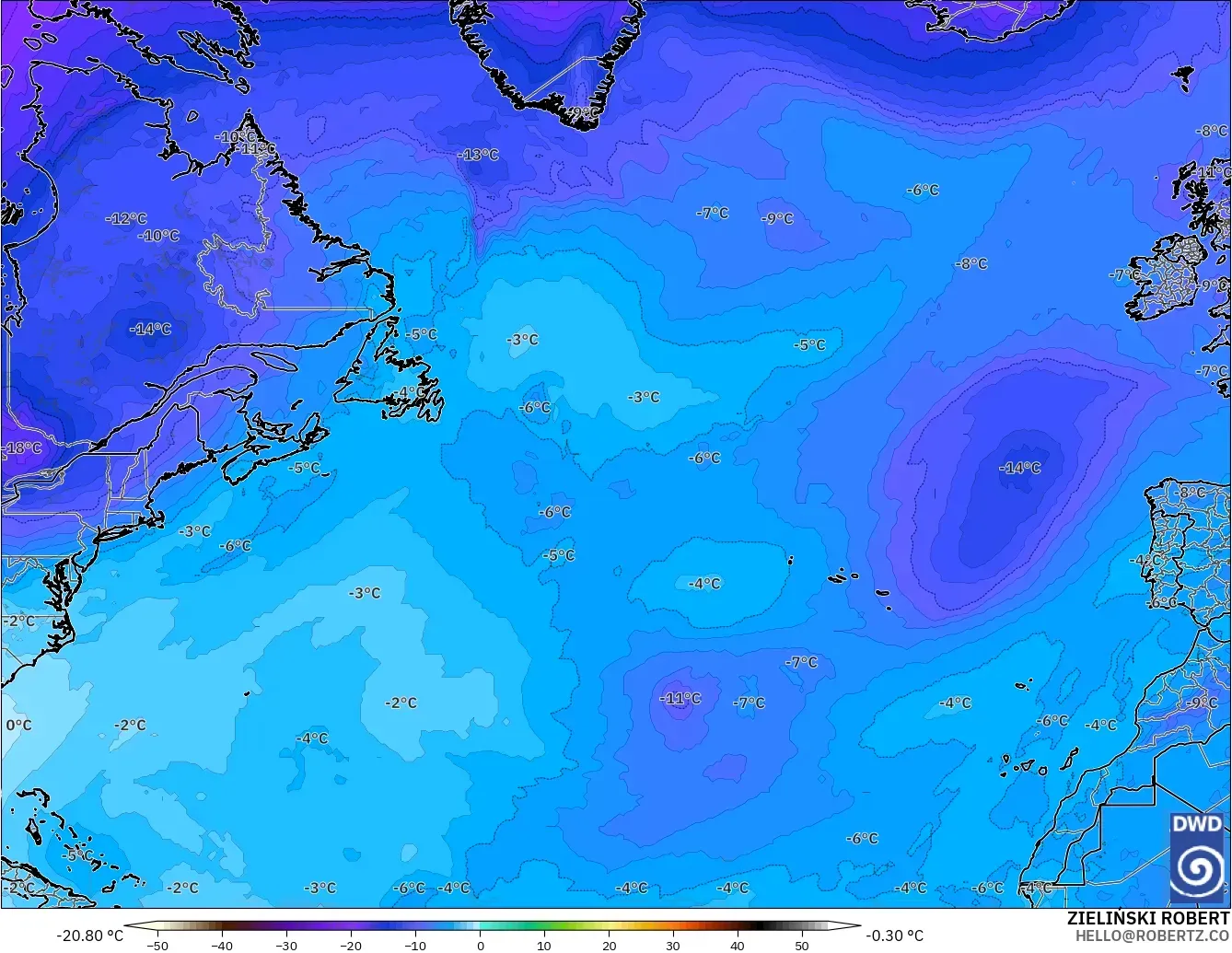 ICON modelo - Norte Atlántico, Temperatura a 500 hPa